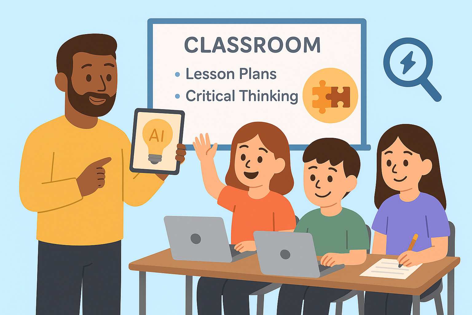 Teacher guiding students