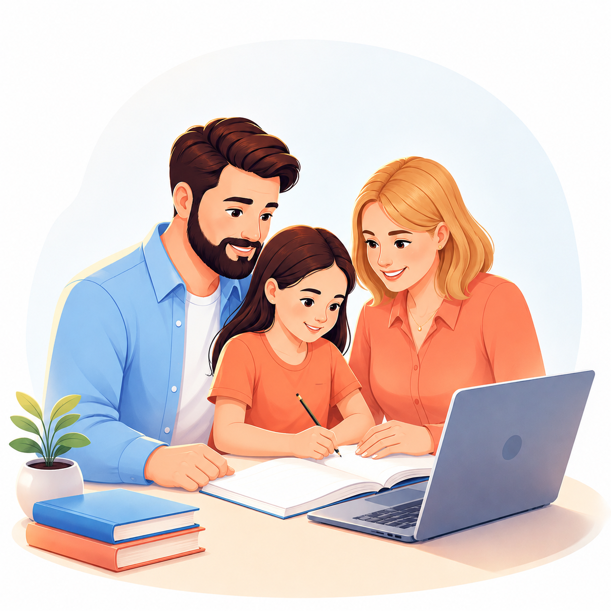 Parents and children using technology calmly at home