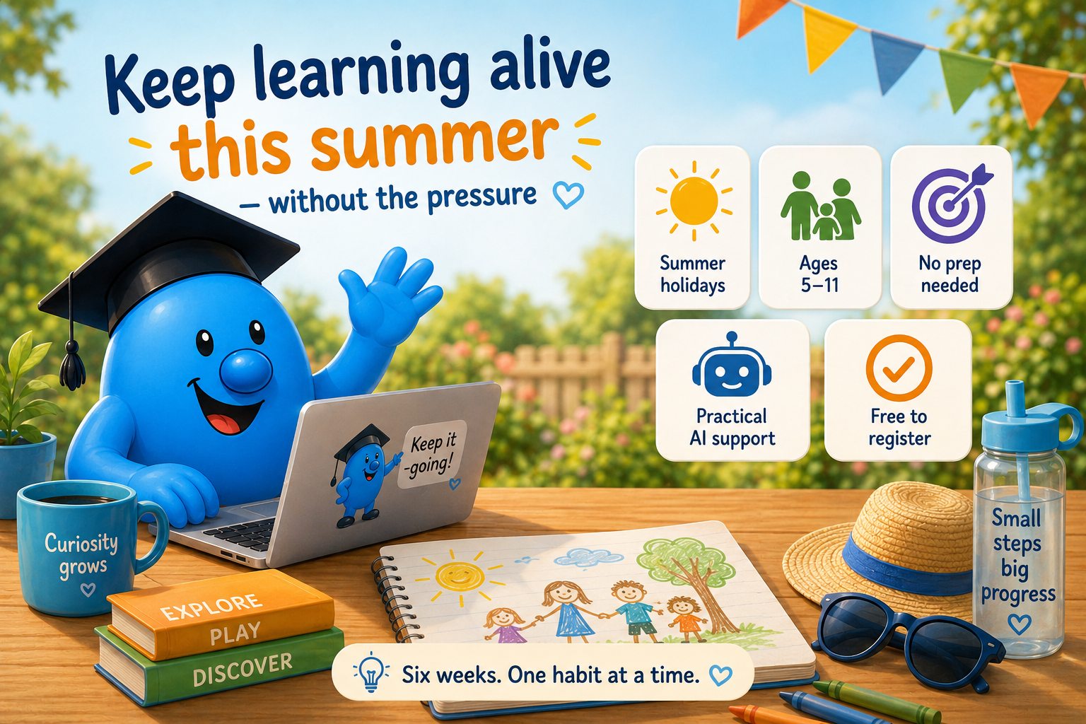 Summer Learning Pathway illustration — children and parents learning together outdoors